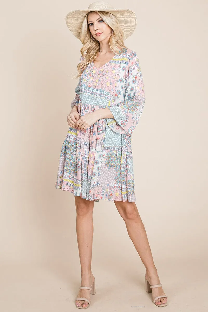 3/4 Sleeve Pleated Floral Flowy Boho swing dresses