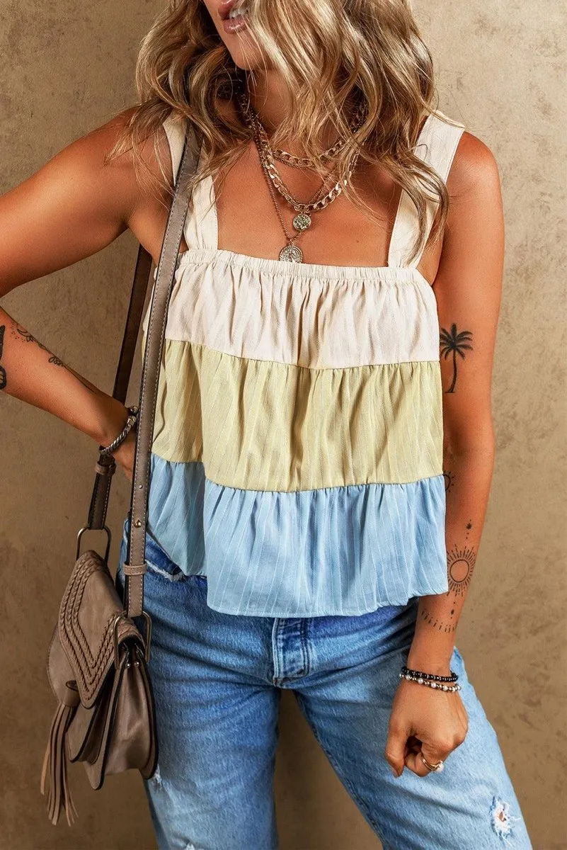 Biege Multi Stripe Tiered Wide Tank Top