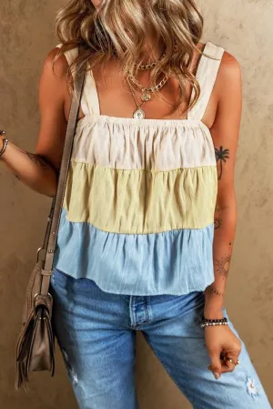 Biege Multi Stripe Tiered Wide Tank Top