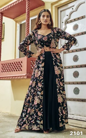 Black Floral Embroidered Long Cape Set