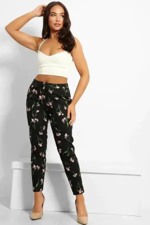 Black Floral Print Smart Trousers