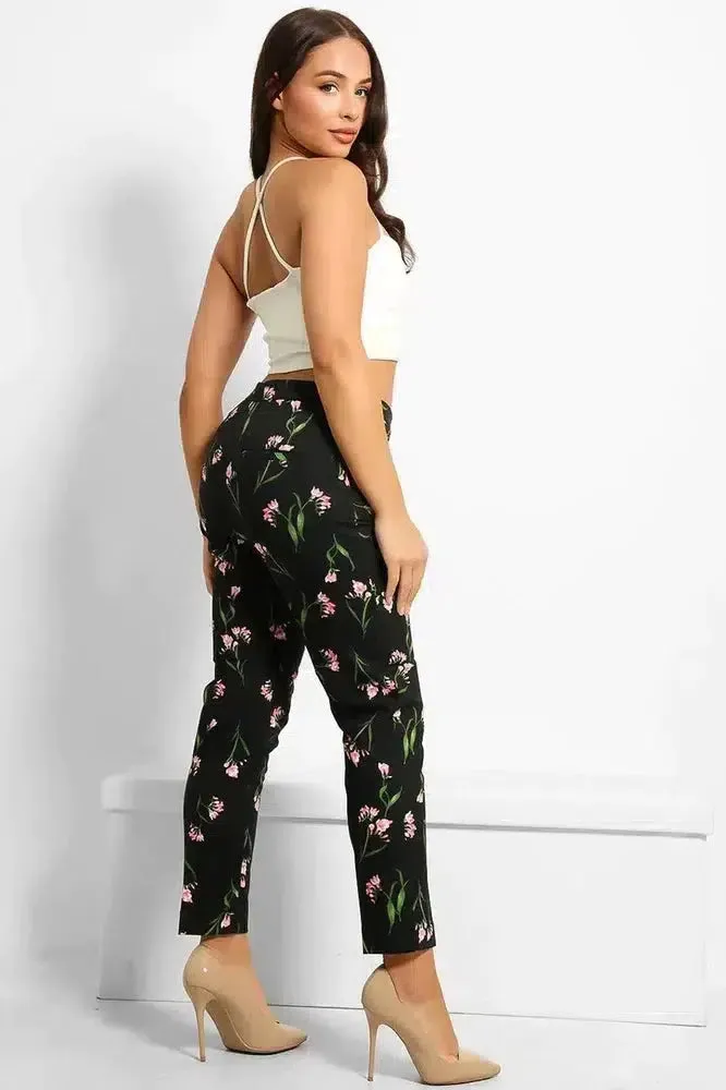 Black Floral Print Smart Trousers