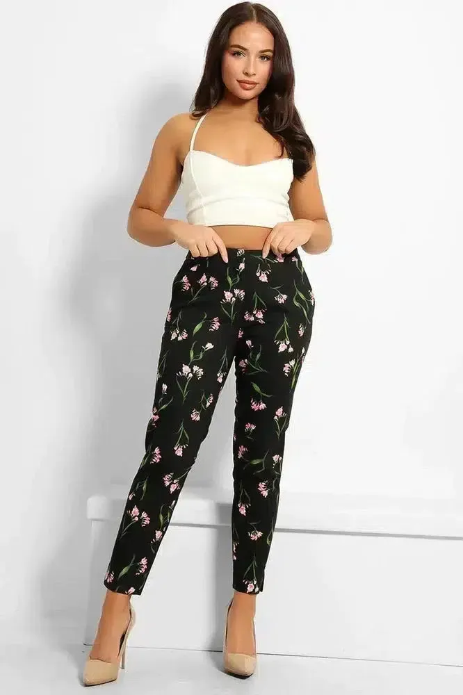 Black Floral Print Smart Trousers