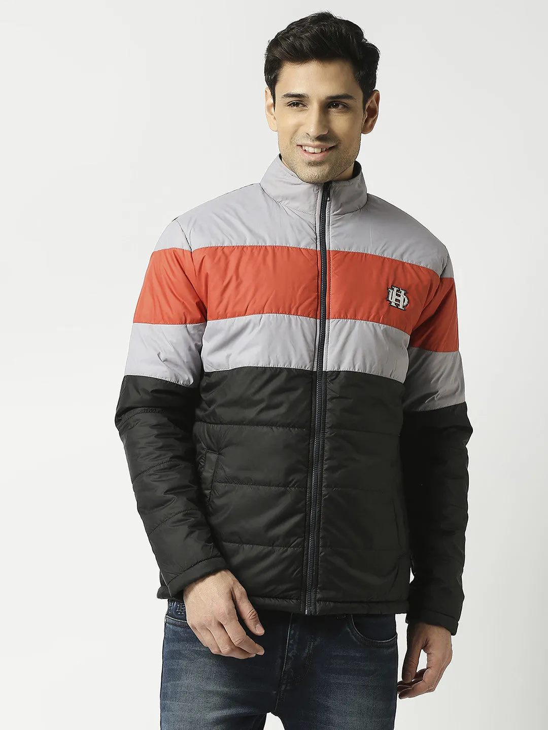 Black Puffer Jacket with Orange & Grey Stripes