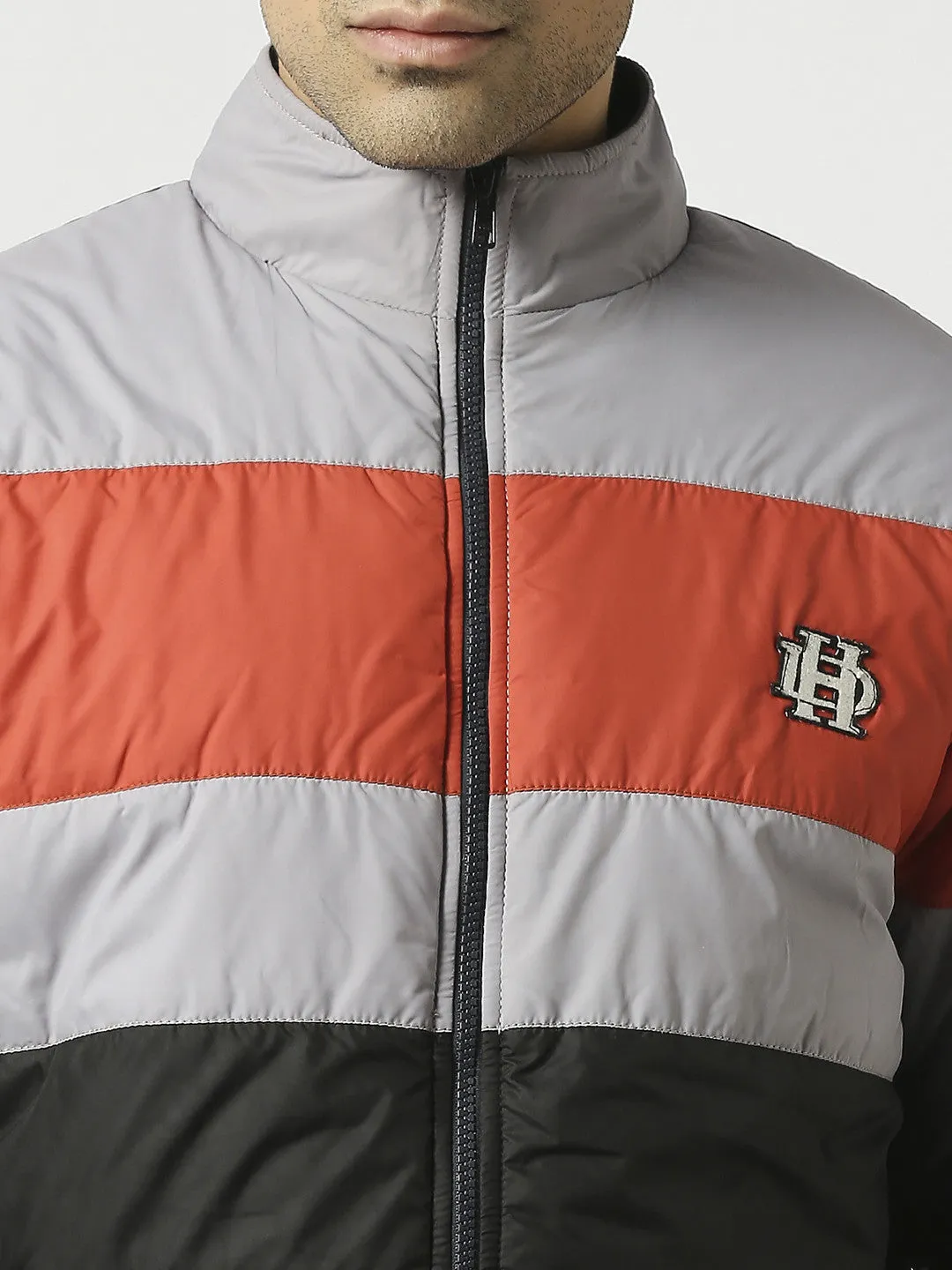 Black Puffer Jacket with Orange & Grey Stripes