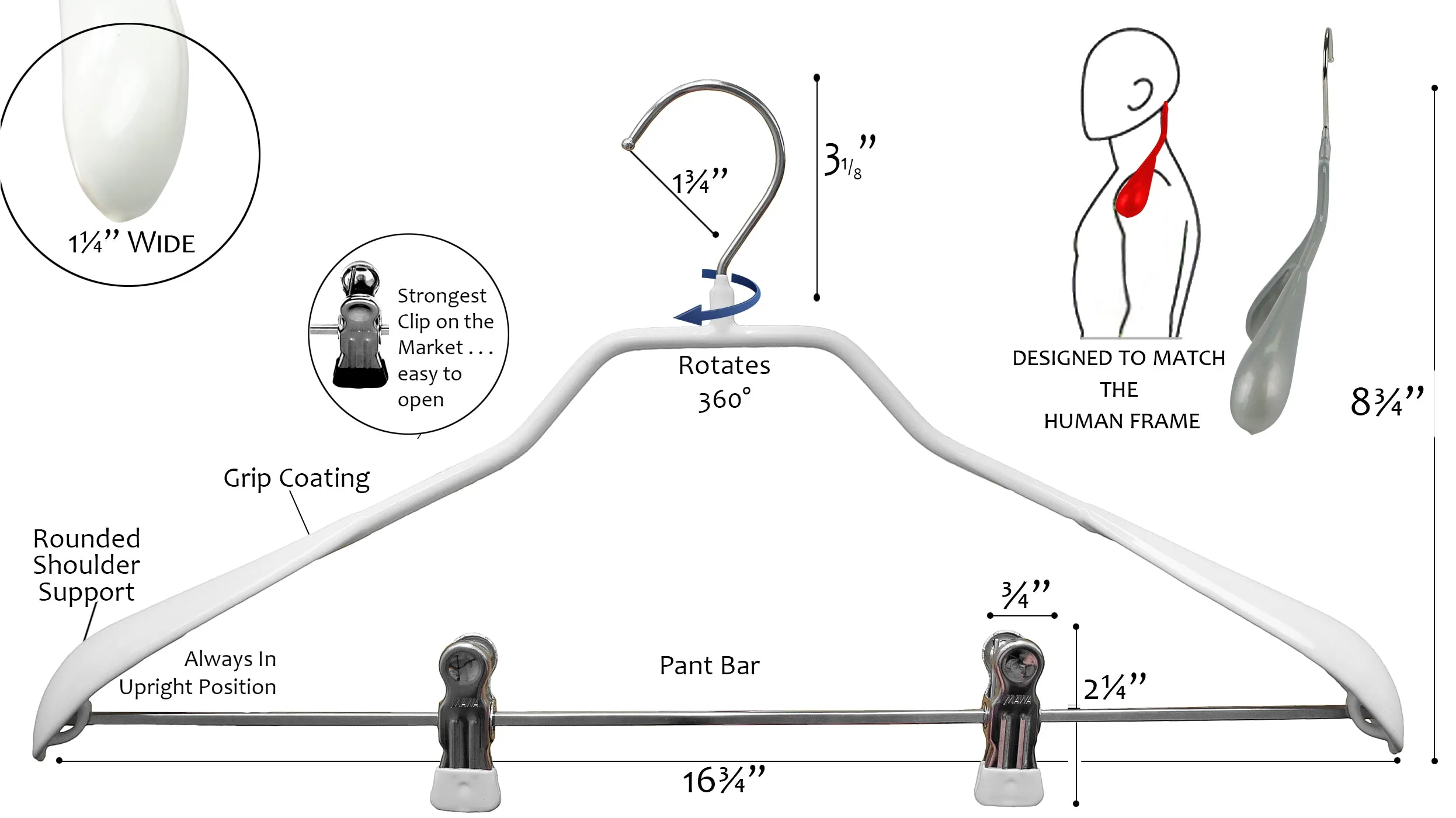 BodyForm Series -  Steel Coated Hanger with Shoulder Support & Adjustable Clips, Model 42-LK, White