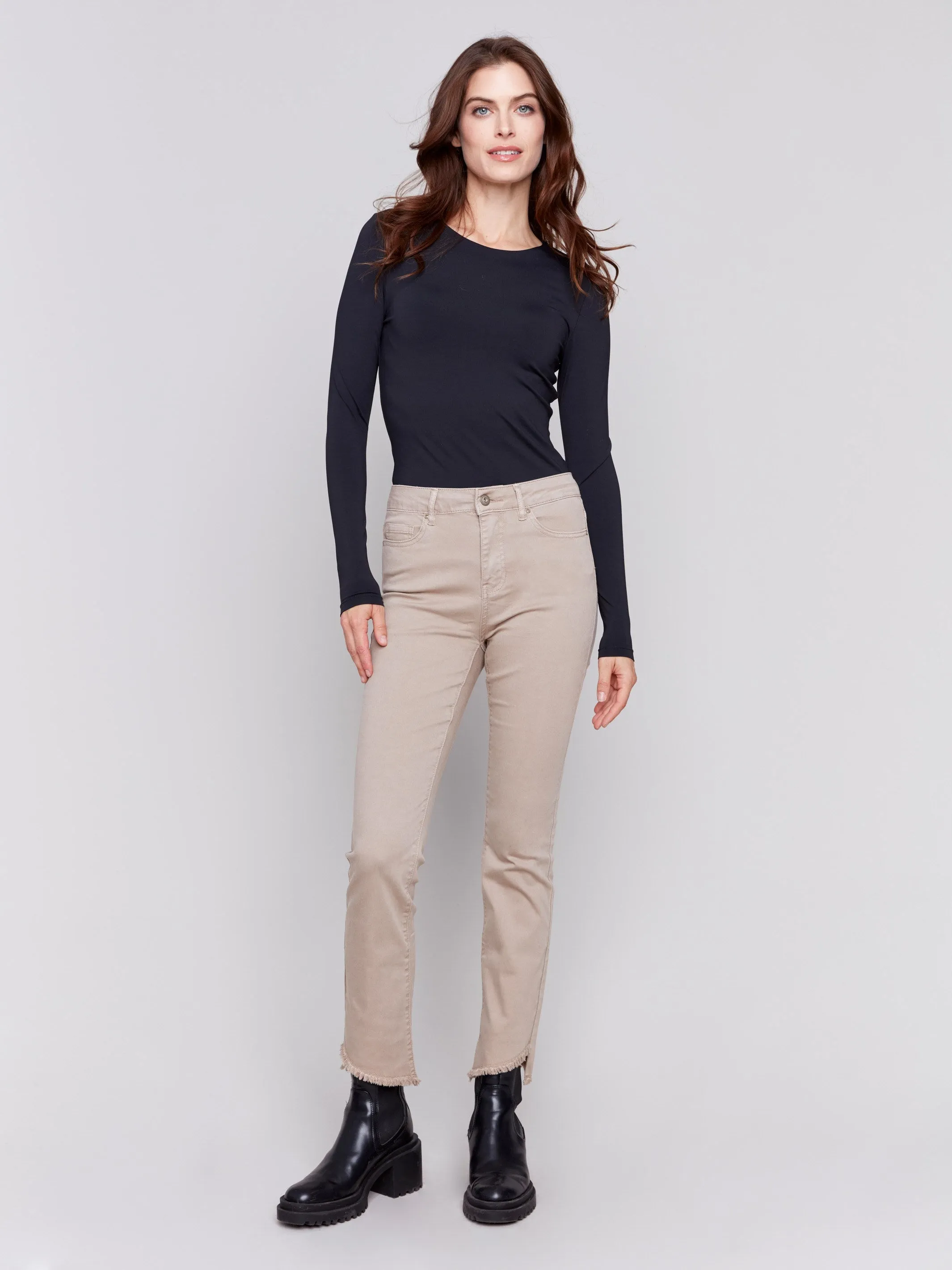 Bootcut Twill Pants with Asymmetrical Hem - Almond