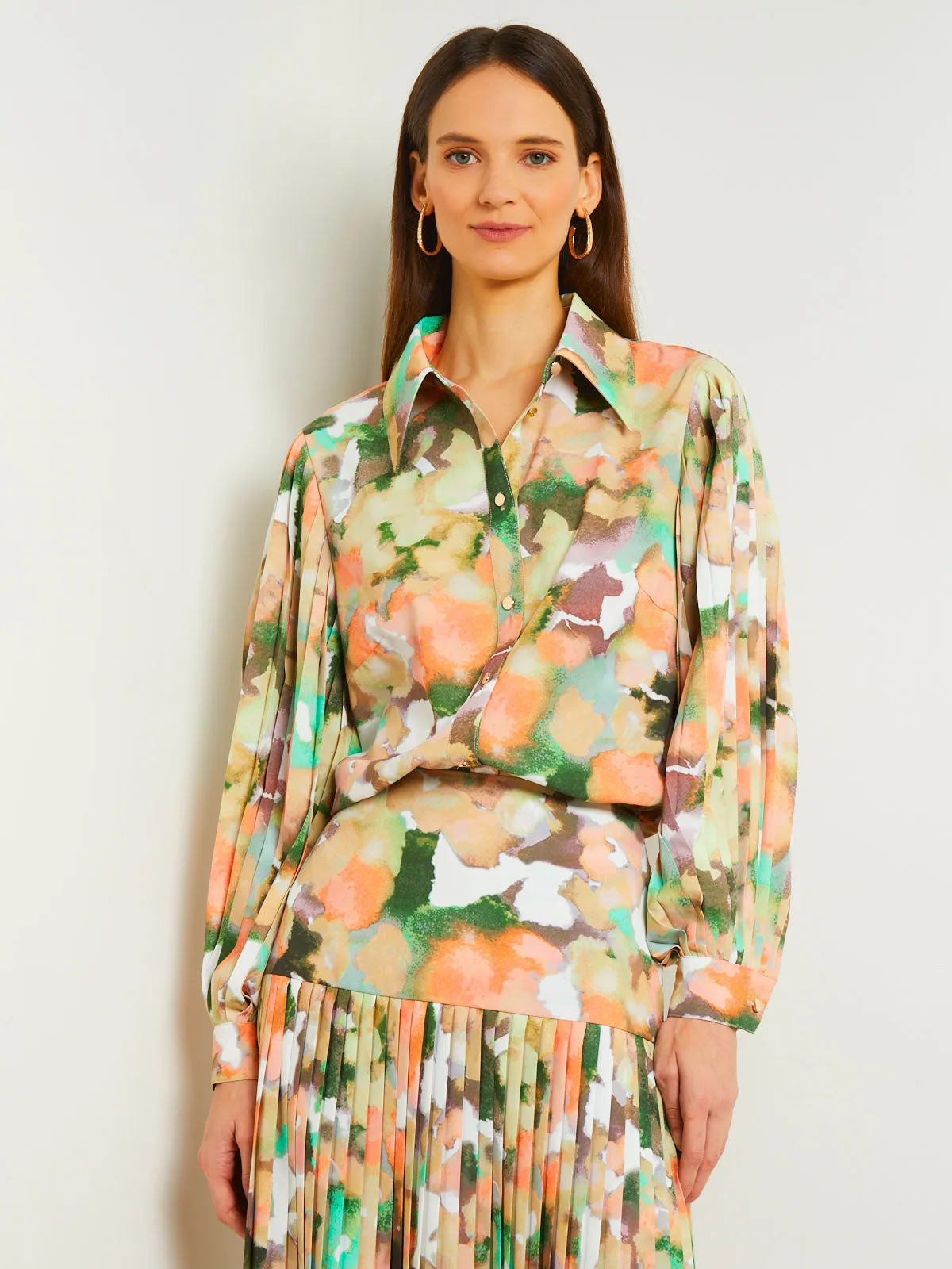 Button Front Blouse - Balloon Sleeve Watercolor Woven