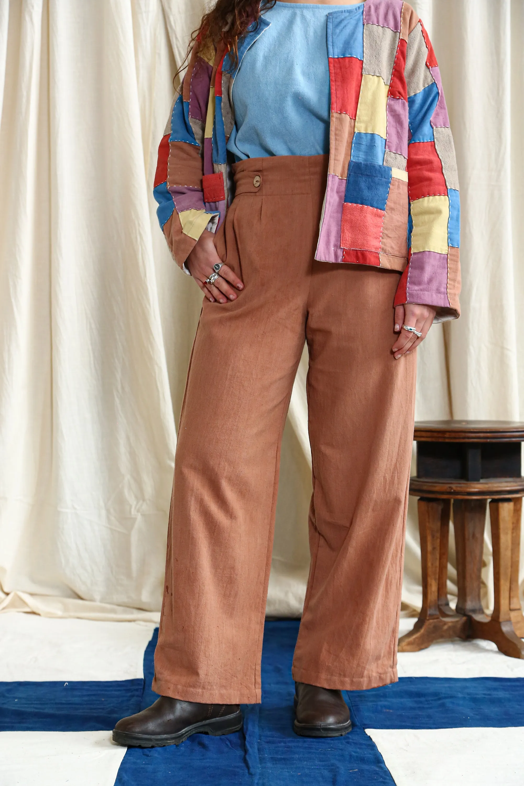 Button Pants Patchwork Catechu Dye