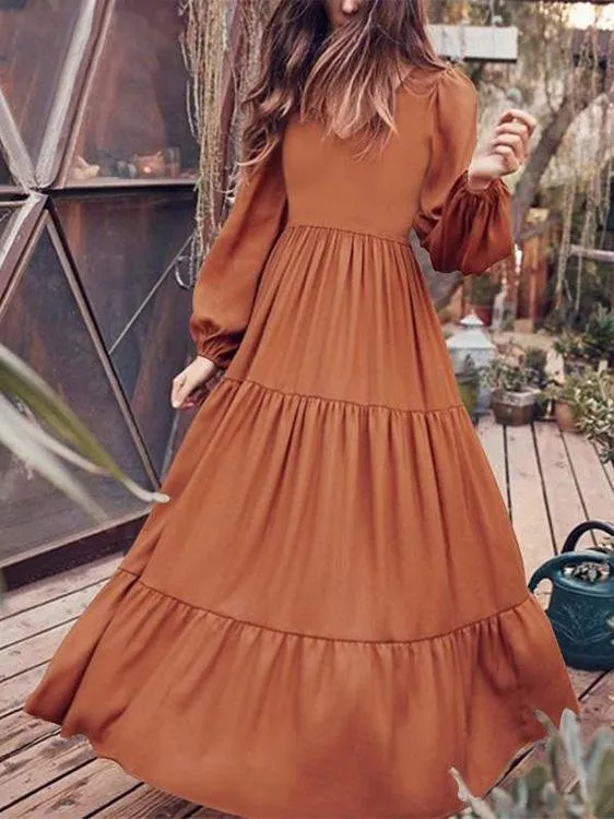 Dunnmall Temperament V-Neck Long Sleeve Flowy Dress