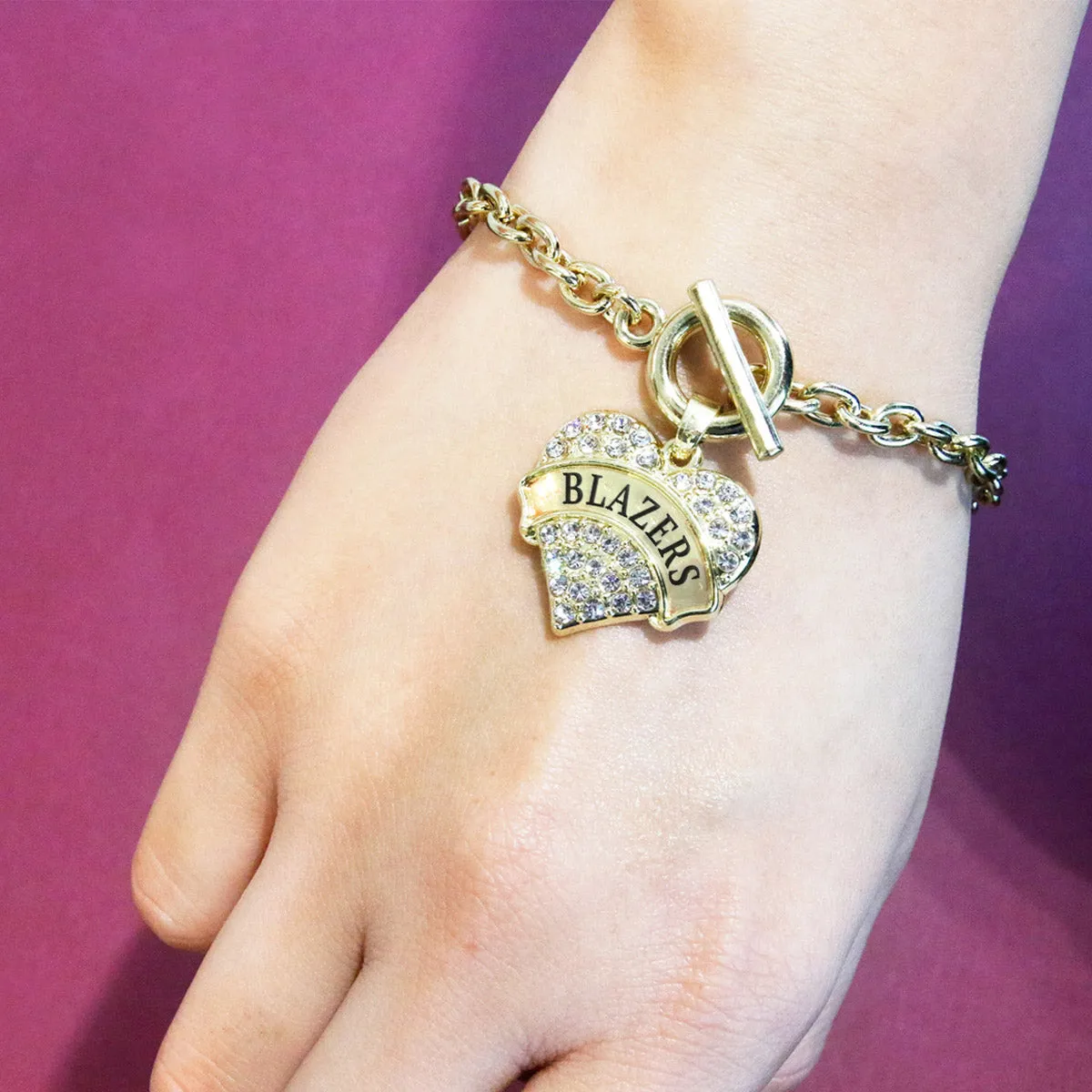 Gold Blazers Pave Heart Charm Toggle Bracelet