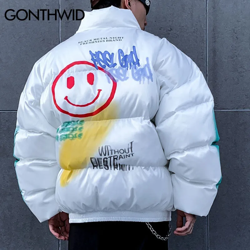 GONTHWID Graffiti Print Puffer Cotton Padded Parkas Streetwear Hip Hop Casual Thick Warm Jackets Coats Hipster Fashion Winter Co