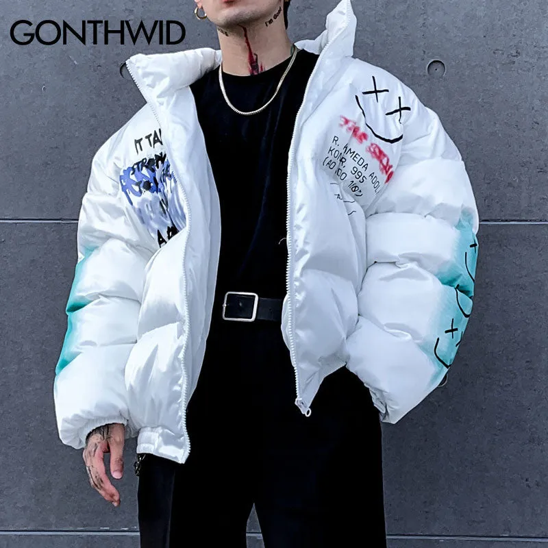 GONTHWID Graffiti Print Puffer Cotton Padded Parkas Streetwear Hip Hop Casual Thick Warm Jackets Coats Hipster Fashion Winter Co