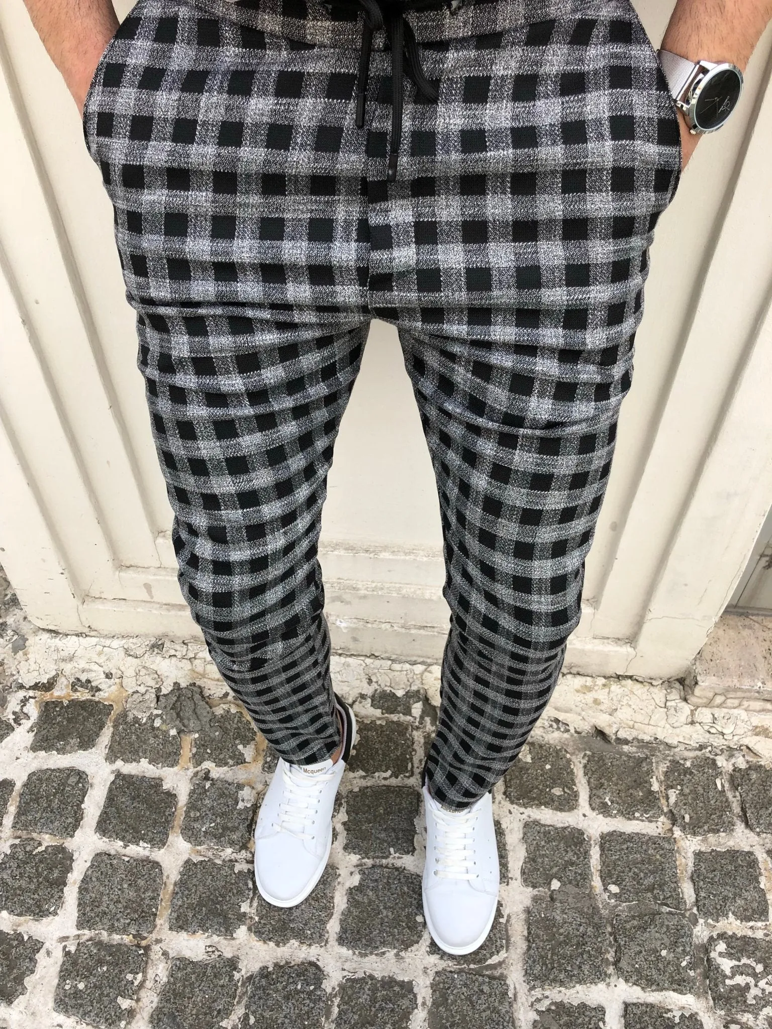 Gray Checkered Banding Slim Fit Casual Mens Pant DJ166 Mens Pant