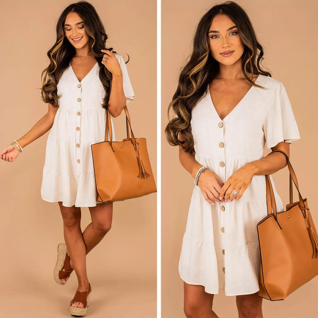 Here Comes The Sun Oatmeal White Button Down Dress