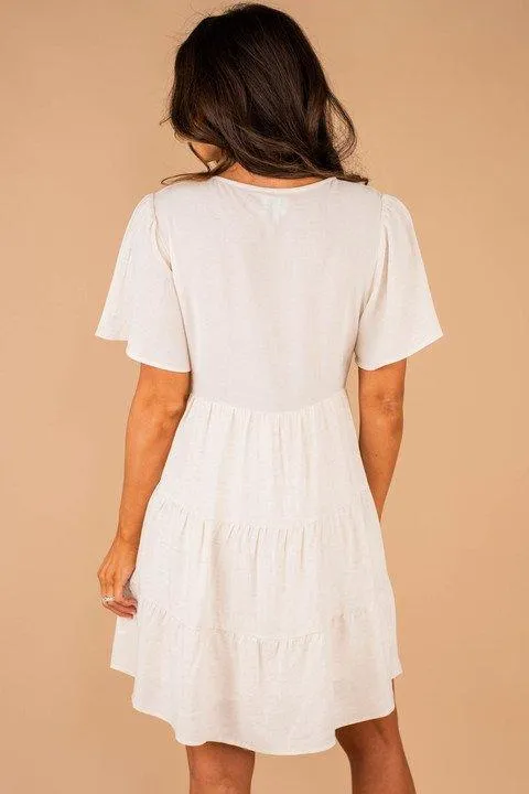 Here Comes The Sun Oatmeal White Button Down Dress