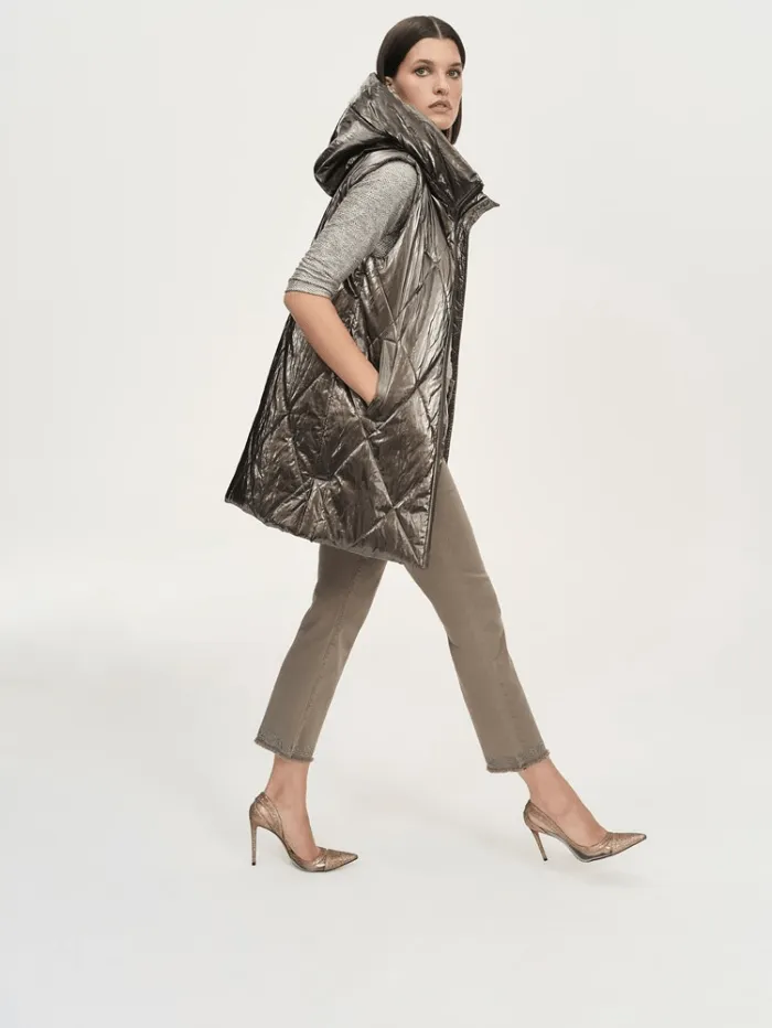 Joseph Ribkoff Quilted Hooded Puffer Gilet In Metallic Taupe 243940 Col 8012