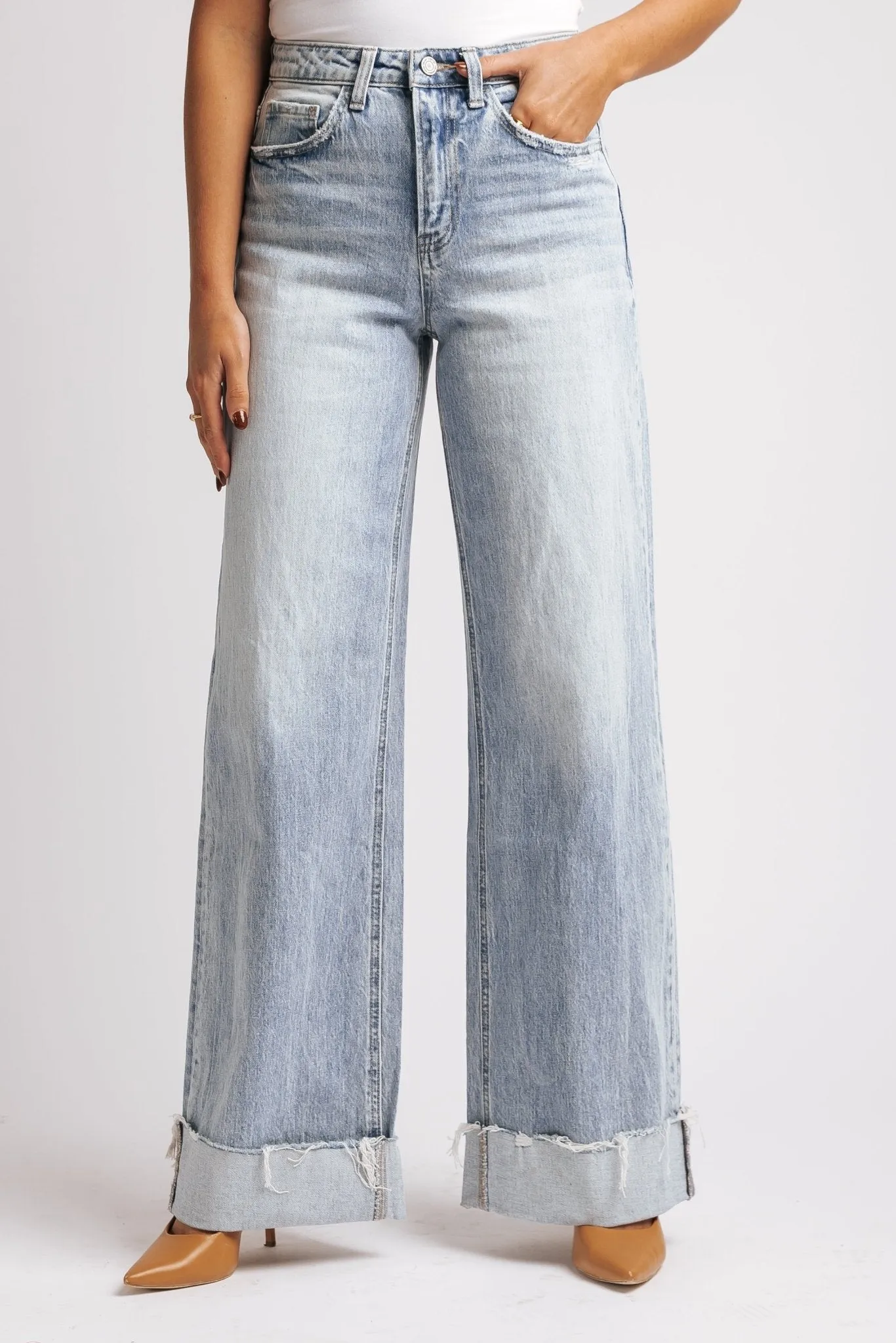 Light Wash Baggy Cuffed Wide Leg Jeans