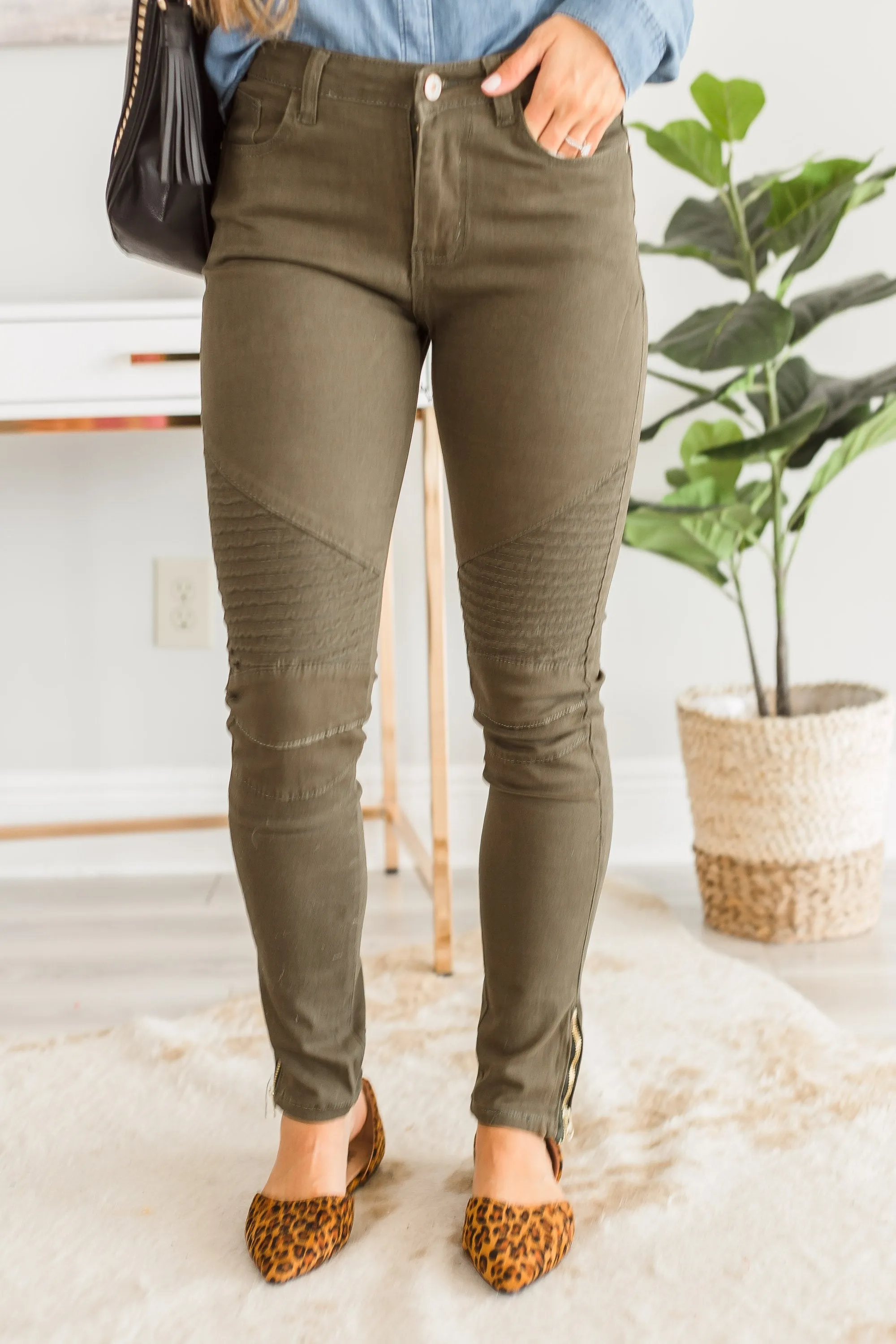 Living For The Day Olive Moto Zip Jeans