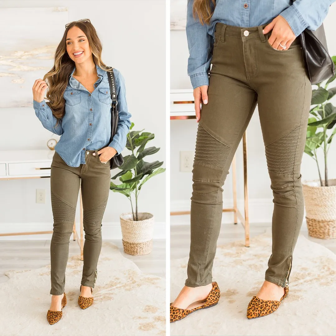 Living For The Day Olive Moto Zip Jeans