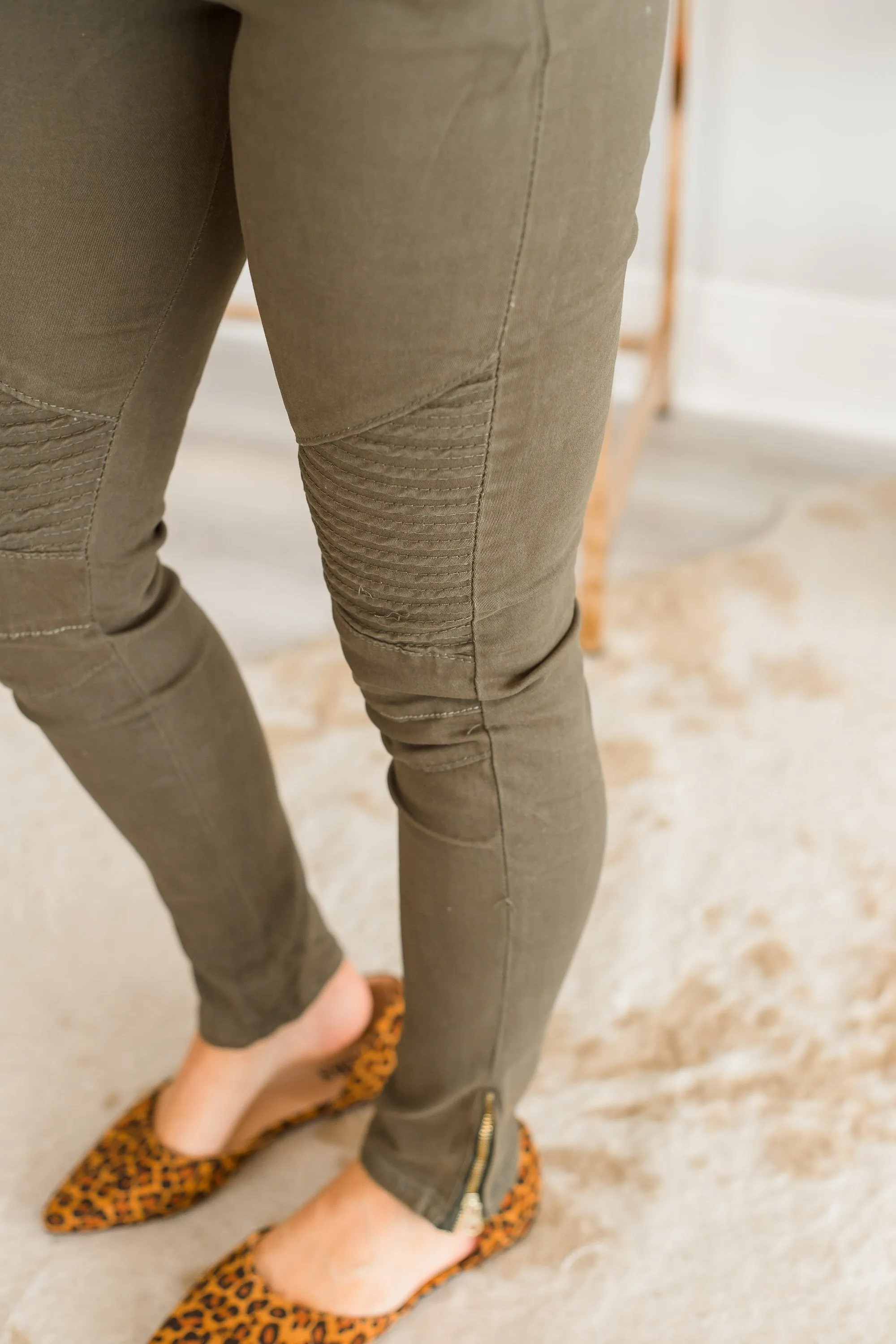 Living For The Day Olive Moto Zip Jeans