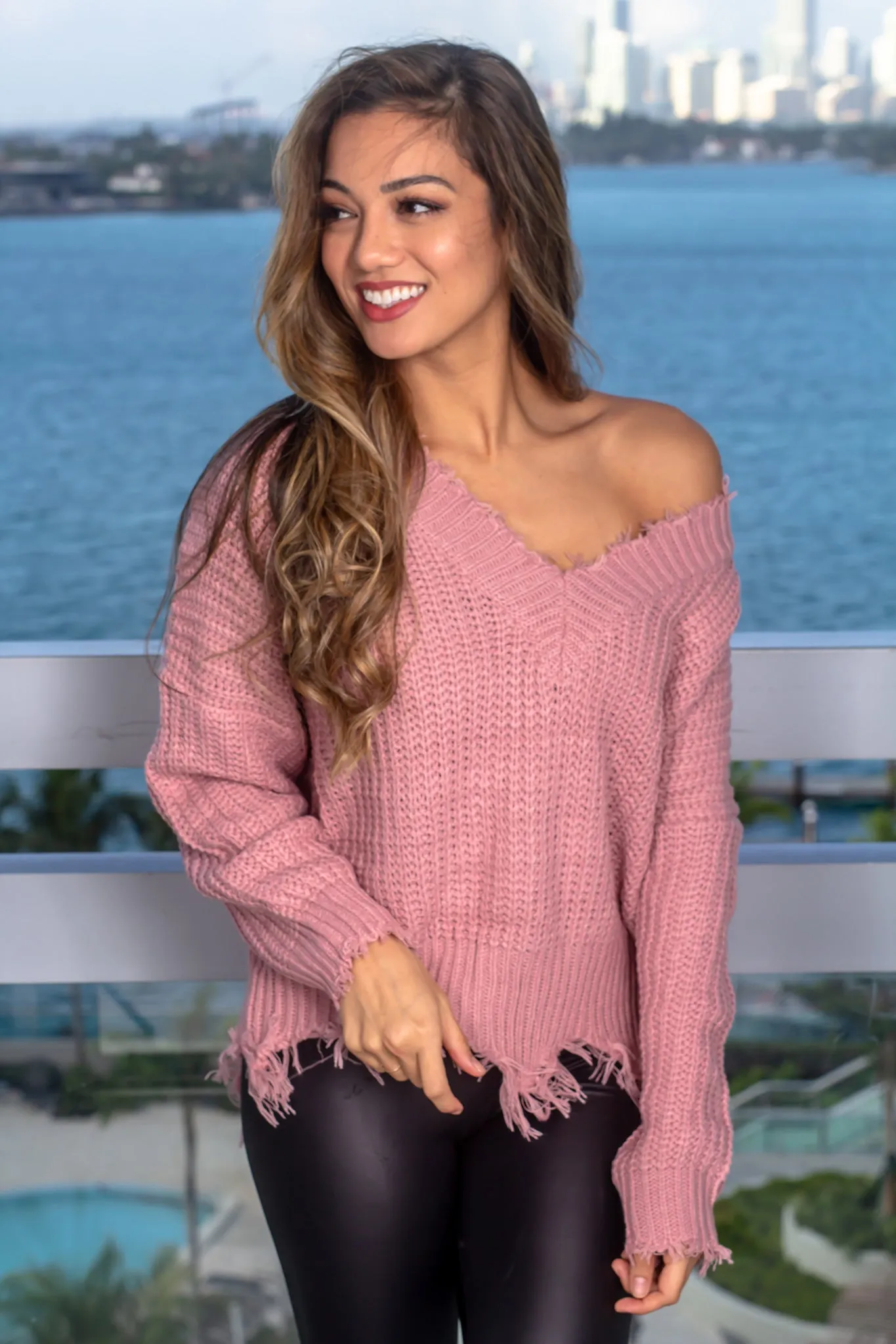 Mauve Frayed Sweater