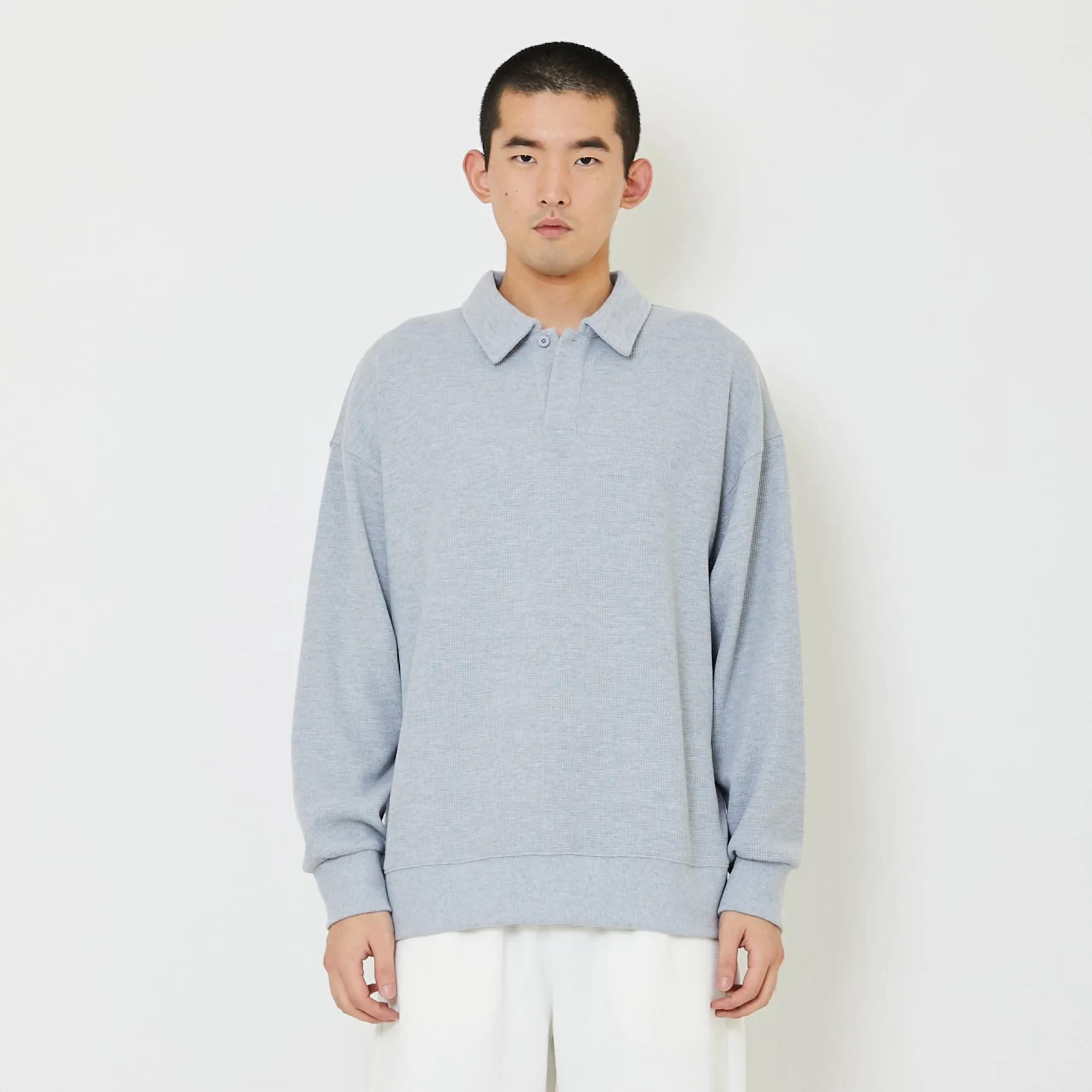 Men Oversized Polo Sweatshirt - Melange Grey - SM2407124B