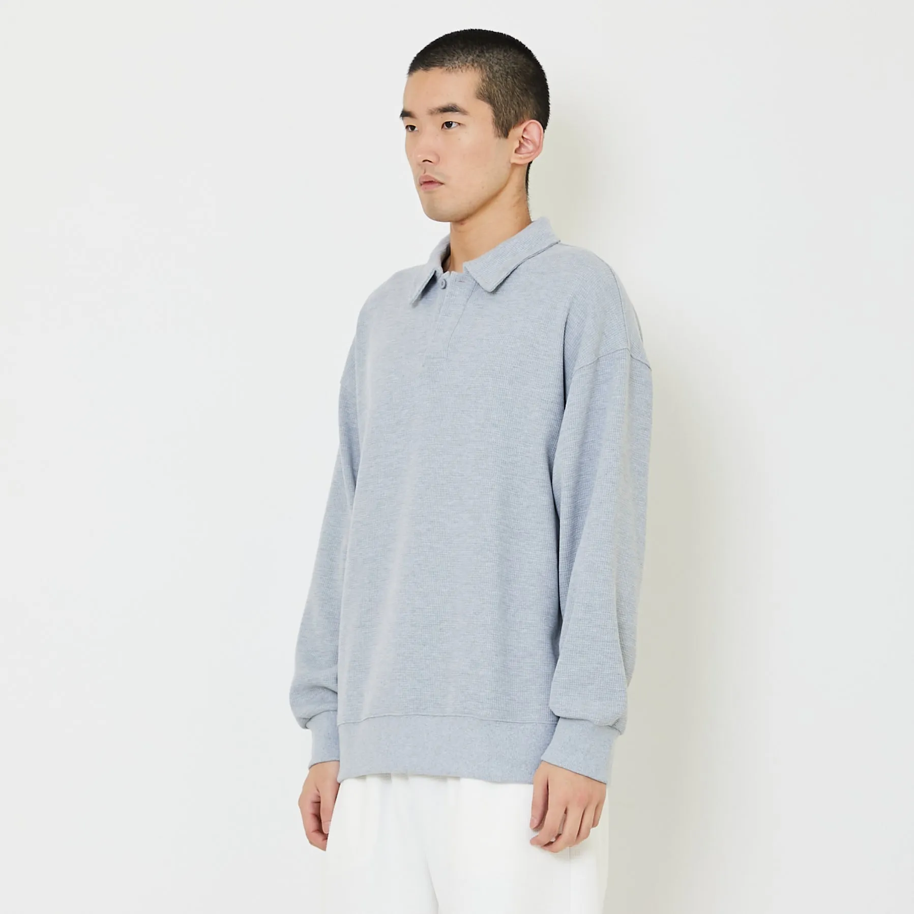 Men Oversized Polo Sweatshirt - Melange Grey - SM2407124B