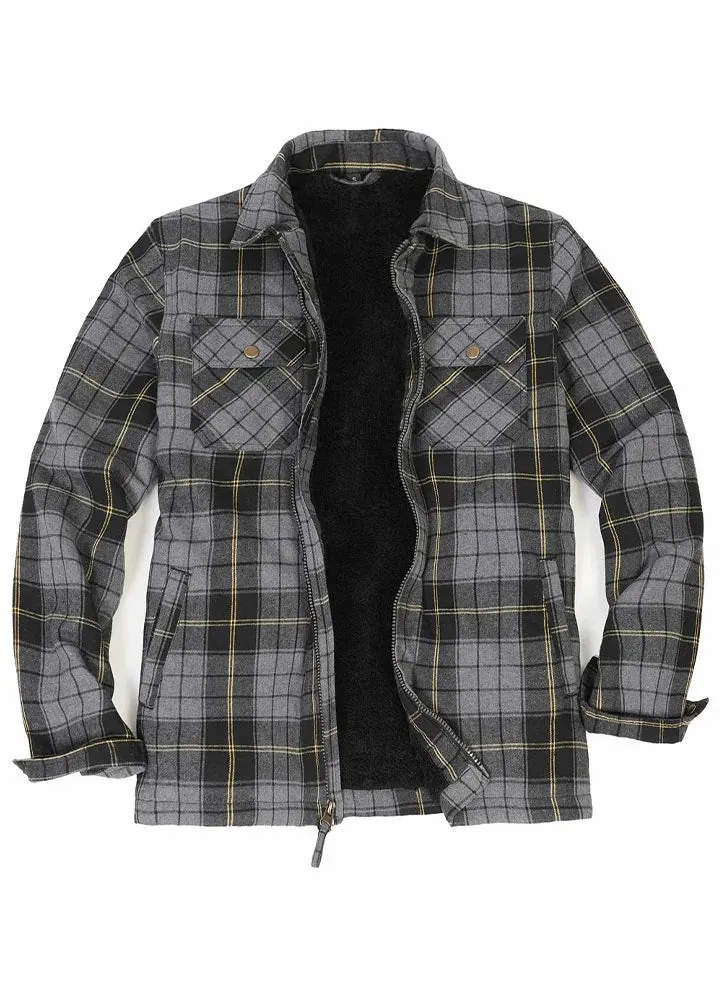 Men's Warm Sherpa Fleece Lined Full Zip Up Plaid Flannel Shirt Jacket