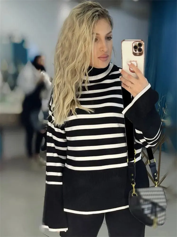 Monochrome Chic: Streetwear Striped Sweater for Women – Loose Fit, Turtleneck, and Knitted Ribbed Style