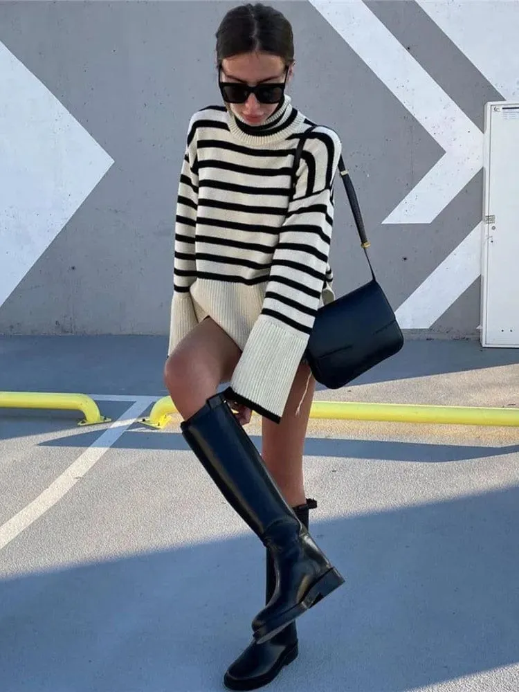 Monochrome Chic: Streetwear Striped Sweater for Women – Loose Fit, Turtleneck, and Knitted Ribbed Style