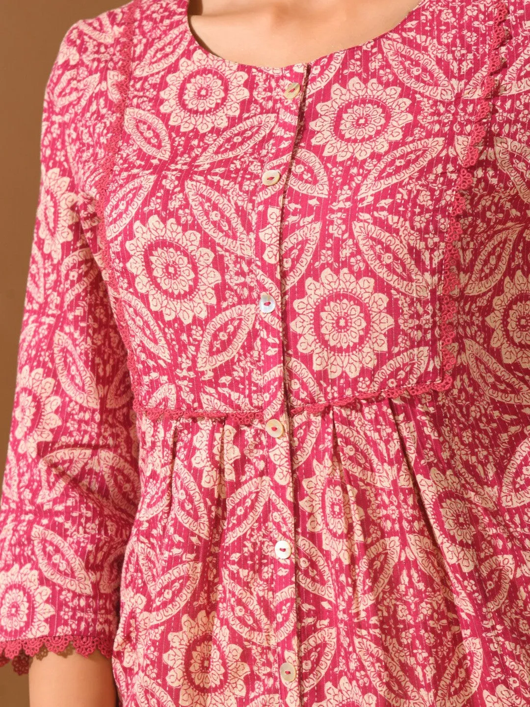 Pink Floral Printed Cotton Tunic with Lace Inserts