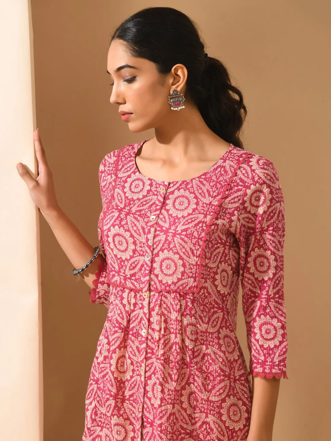 Pink Floral Printed Cotton Tunic with Lace Inserts