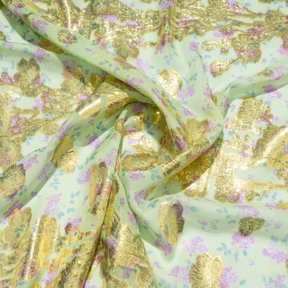 Pink Floral Printed Soft Green Metallic Chiffon