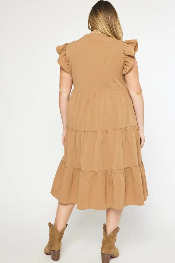 Plus Ruffle Sleeve Tiered Midi Dress in Camel by Entro