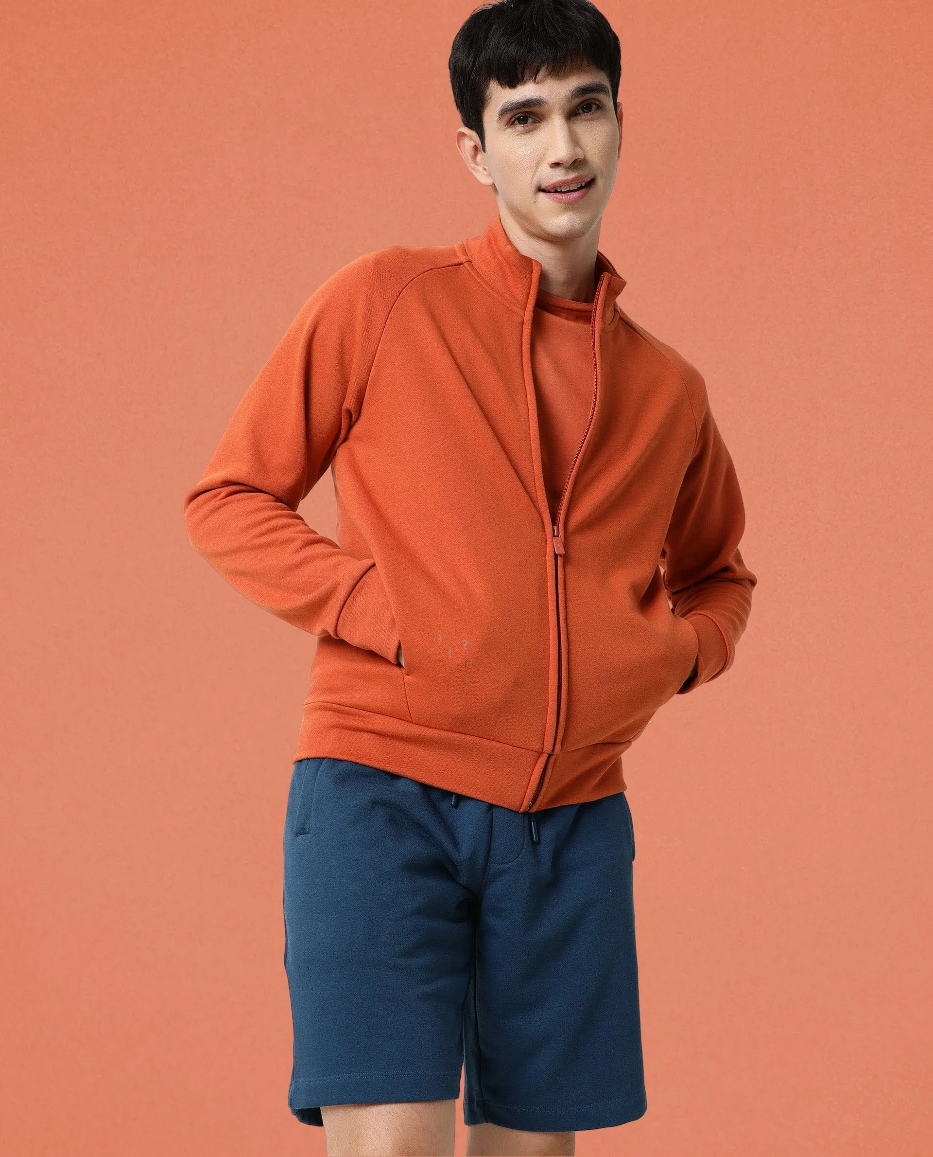 Rare Rabbit Articale Men's Azil Tangy Orange High Neck Zip-Up Jacket