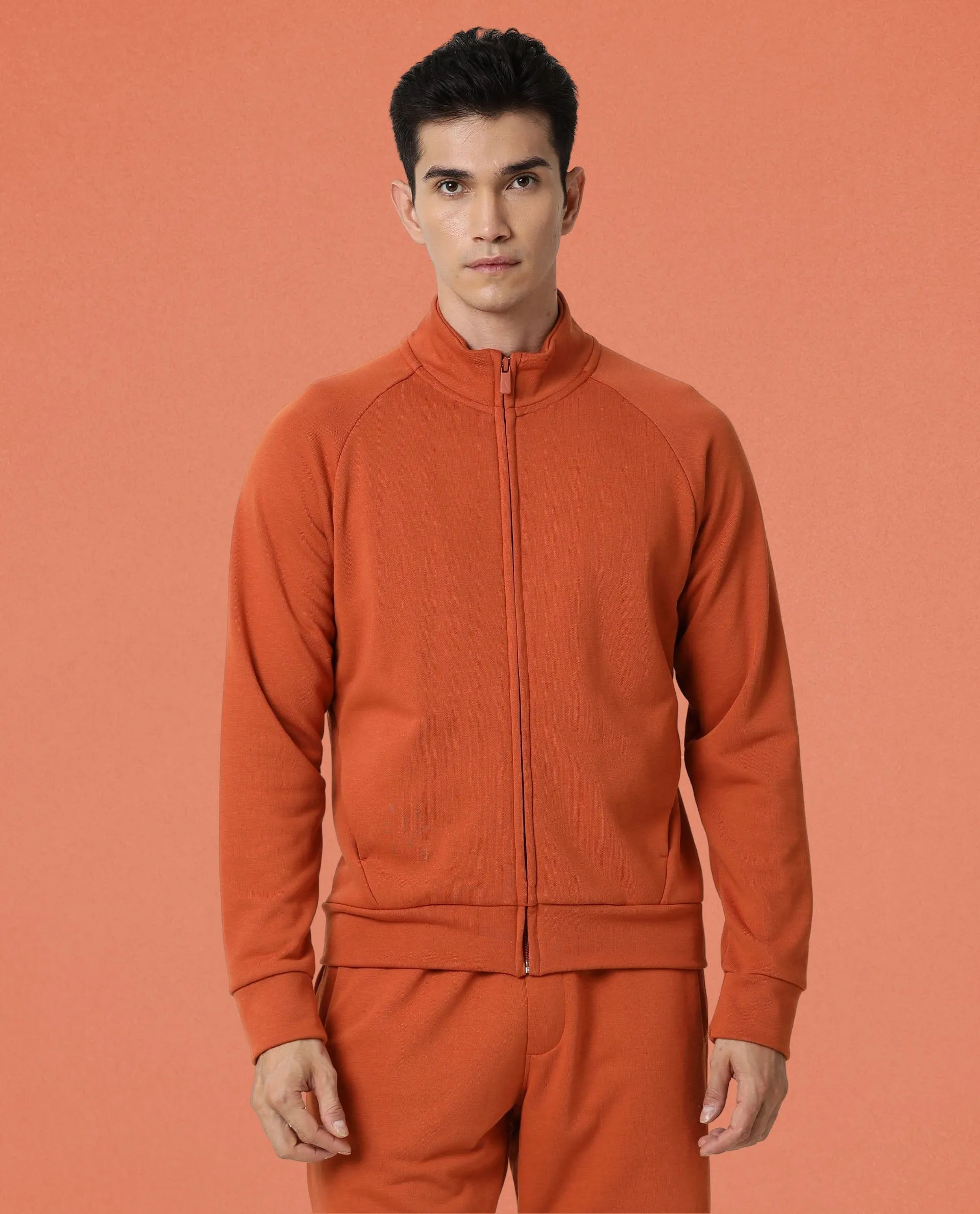 Rare Rabbit Articale Men's Azil Tangy Orange High Neck Zip-Up Jacket