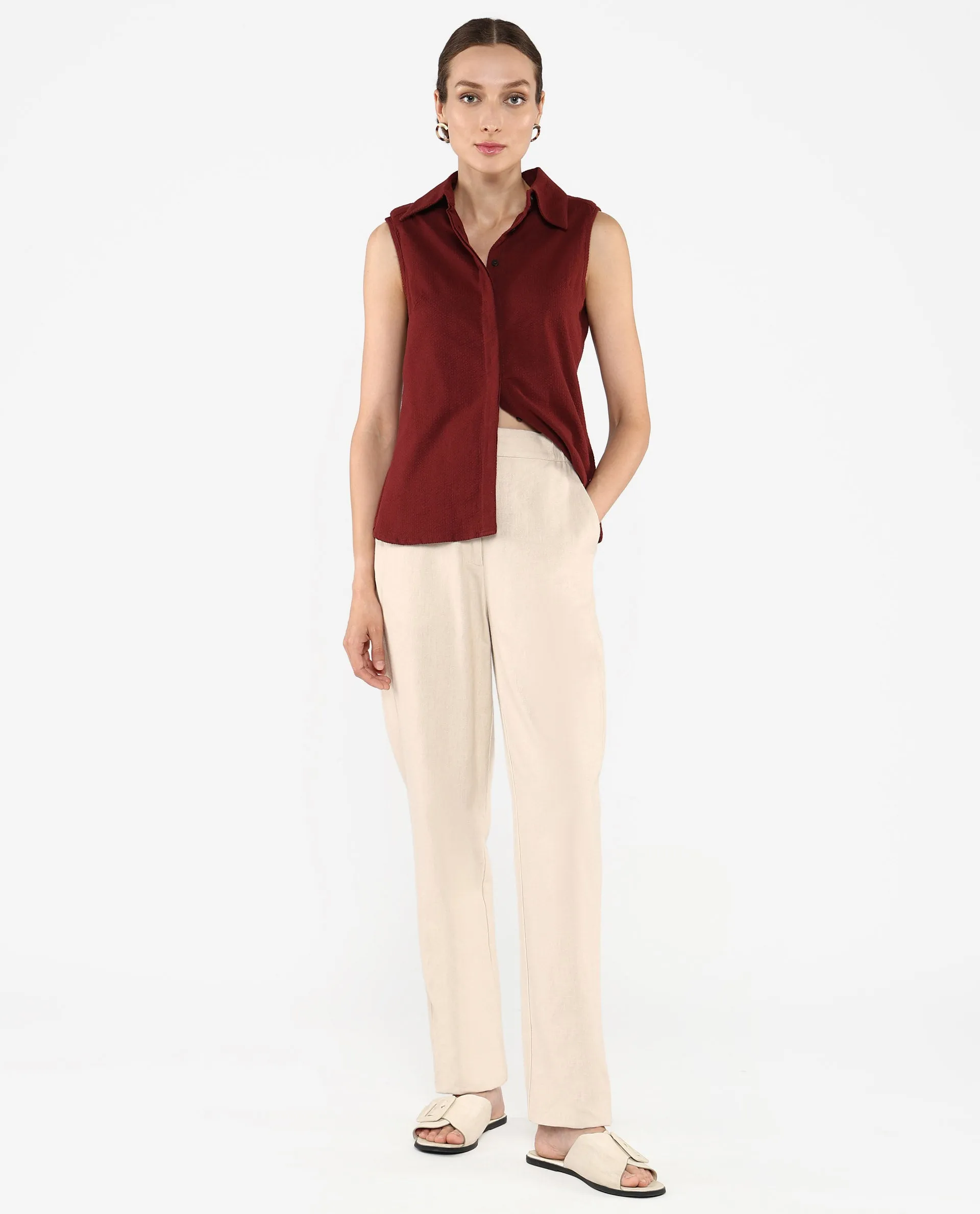 Rareism Women Forli Brown Sleeveless Collared Neck  Plain Shirt