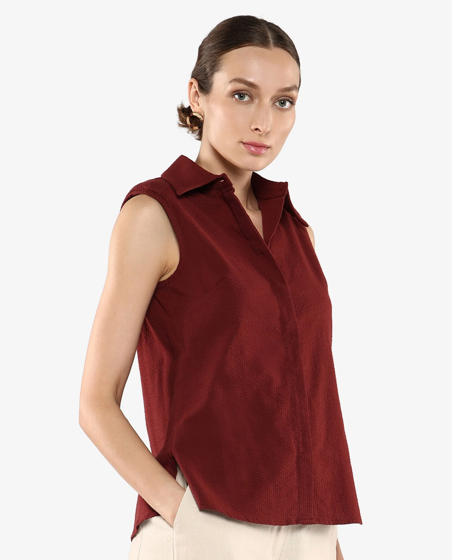 Rareism Women Forli Brown Sleeveless Collared Neck  Plain Shirt