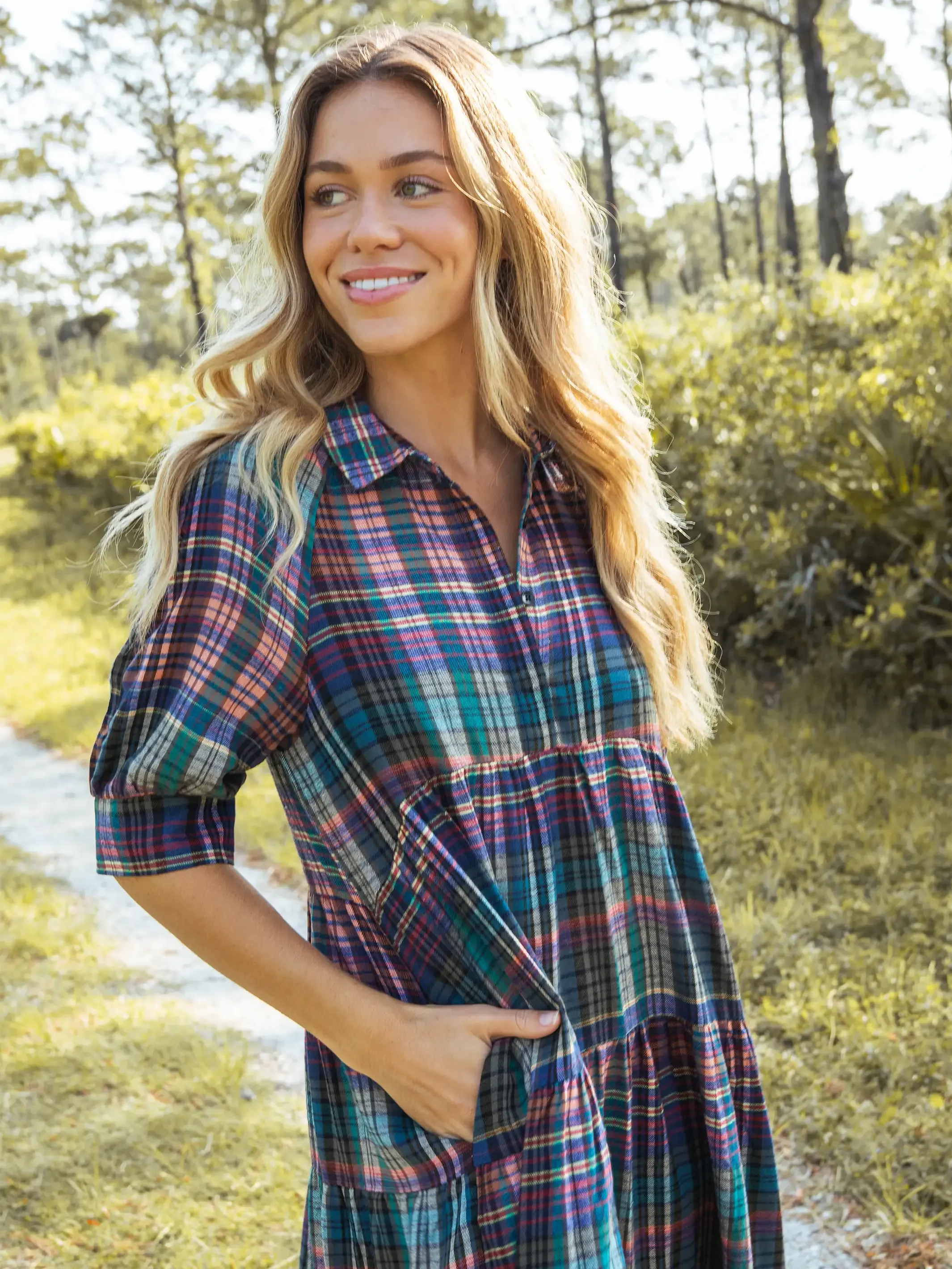 Rebecca Flannel Midi Dress - Rainbow Plaid