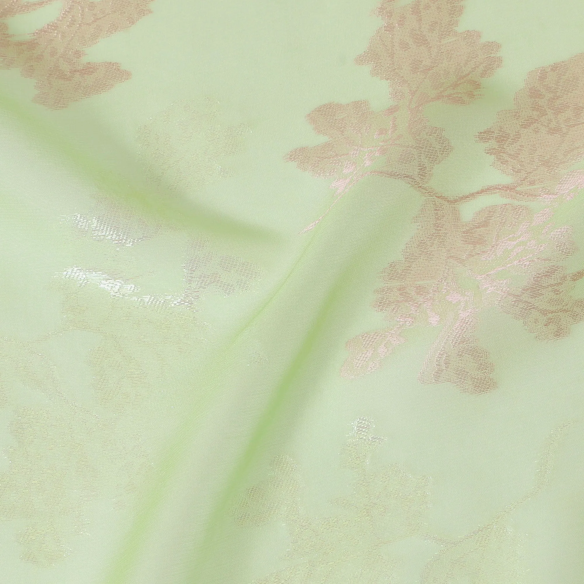 Refreshing Mint Green Silk Chiffon Fabric with Rose Gold Lurex Florals, 110 cm Width - Imported from South Korea-D20236