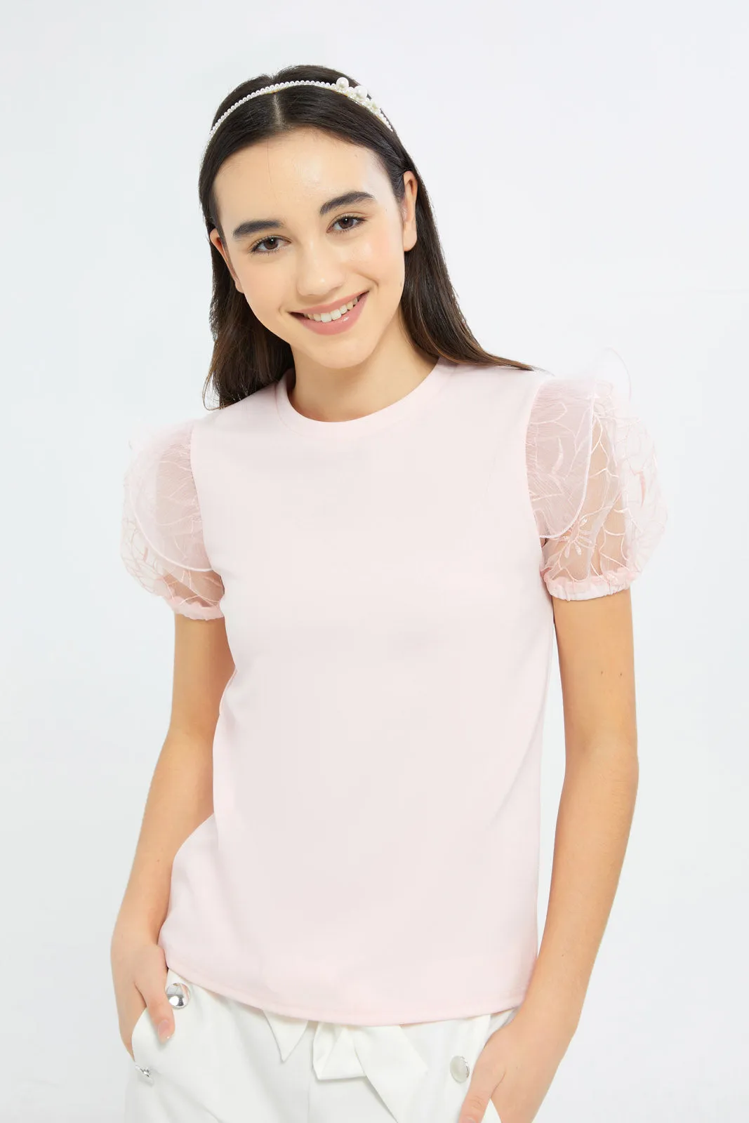 Senior Girls Pink Organza Sleeve Blouse