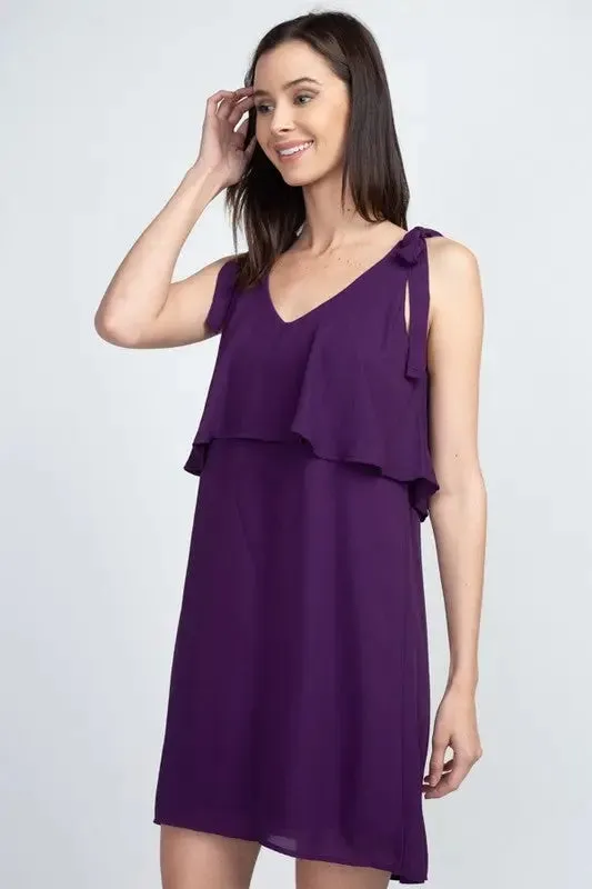 Shoulder-Tie V-Neck Ruffle Shift Dress