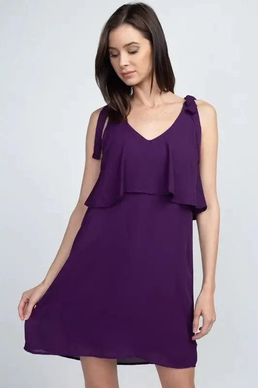 Shoulder-Tie V-Neck Ruffle Shift Dress