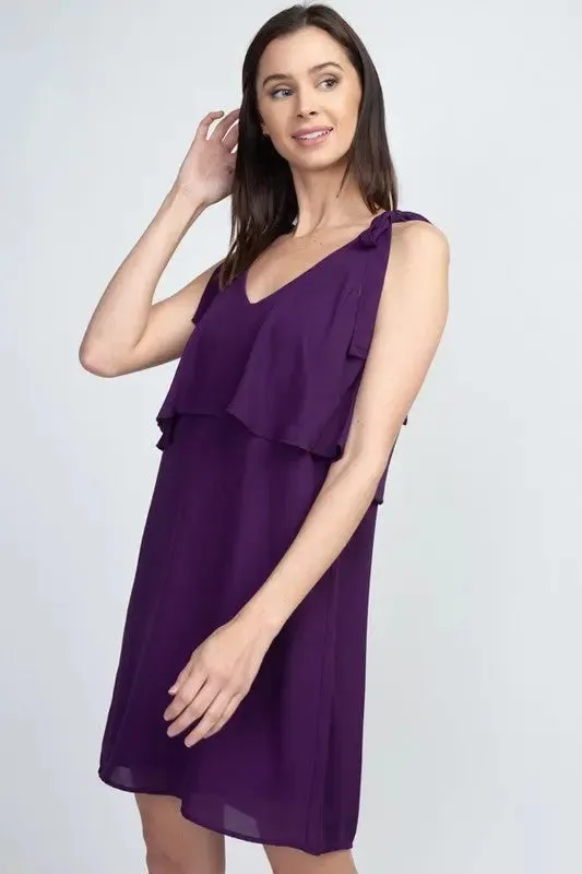 Shoulder-Tie V-Neck Ruffle Shift Dress