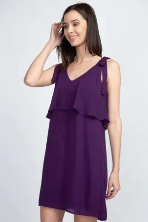 Shoulder-Tie V-Neck Ruffle Shift Dress