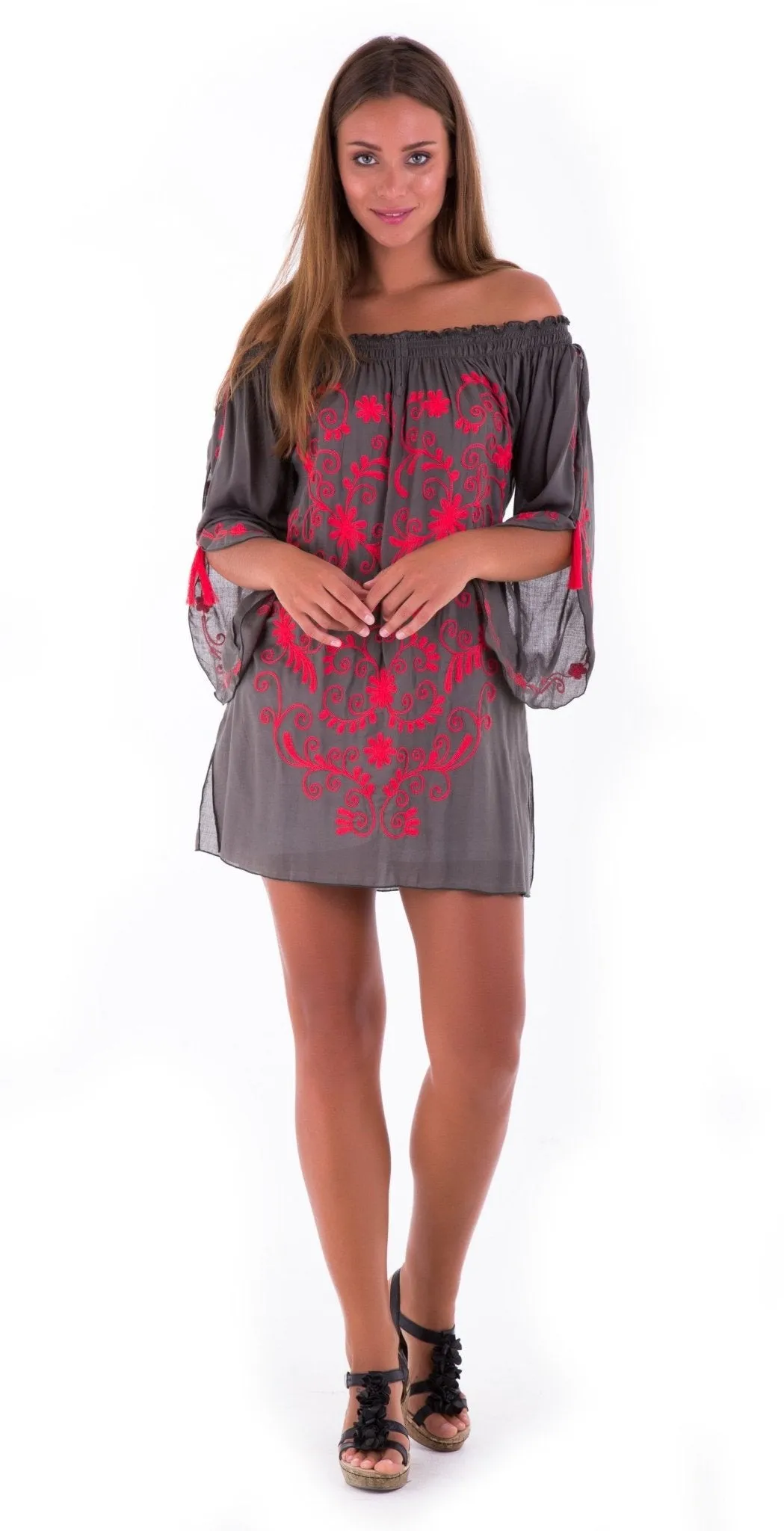 SHU-SHI Women's Boho Tunic Top - Off The Shoulder Mini Dress - Embroidered Bathing Suit Cover-Up