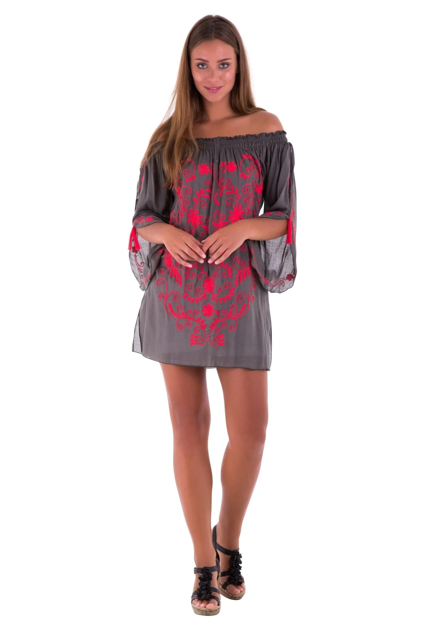 SHU-SHI Women's Boho Tunic Top - Off The Shoulder Mini Dress - Embroidered Bathing Suit Cover-Up