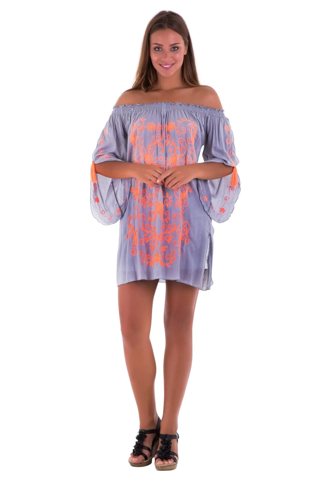 SHU-SHI Women's Boho Tunic Top - Off The Shoulder Mini Dress - Embroidered Bathing Suit Cover-Up