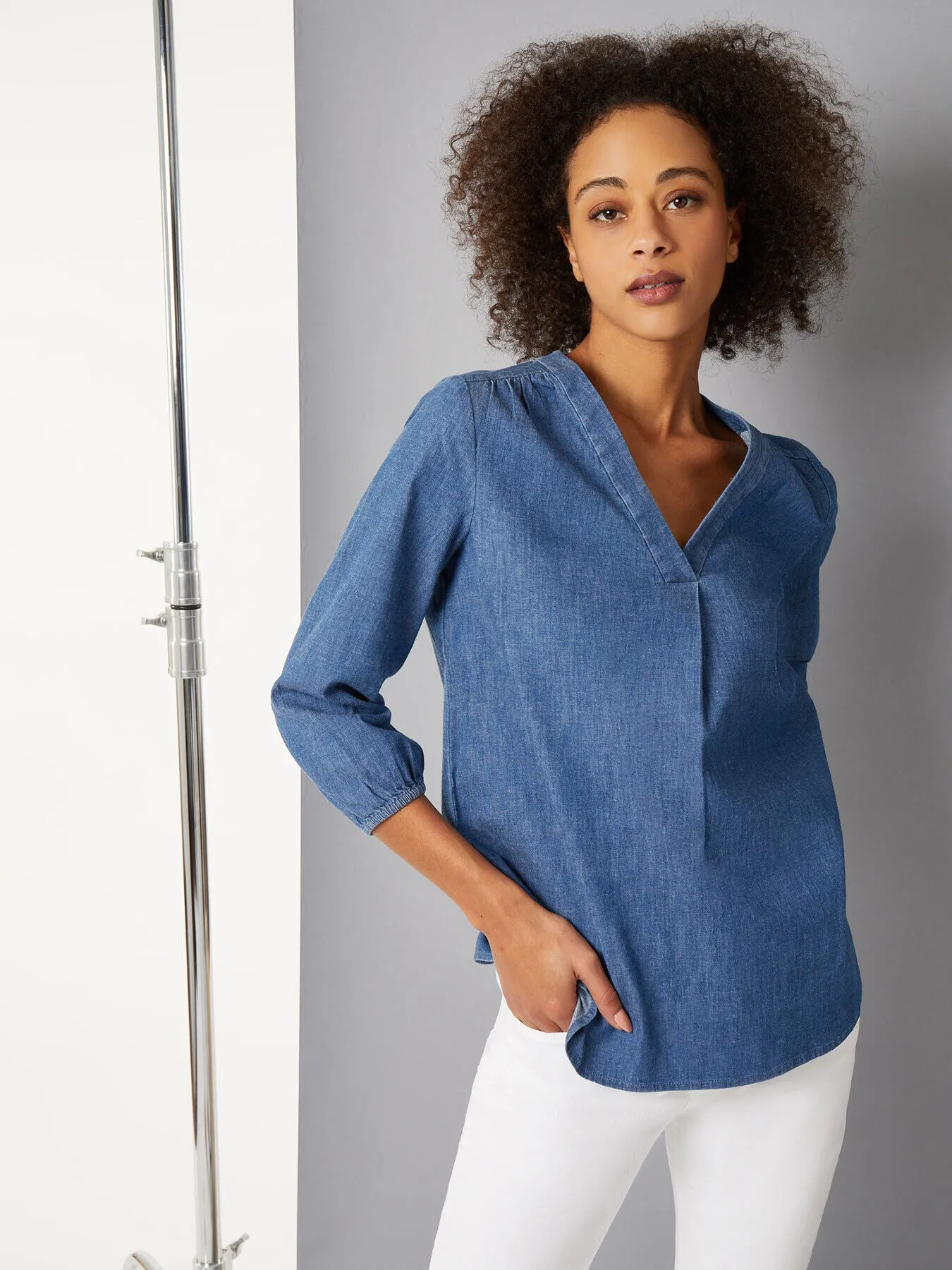 Stretch Denim V-Neck Kelly Blouse